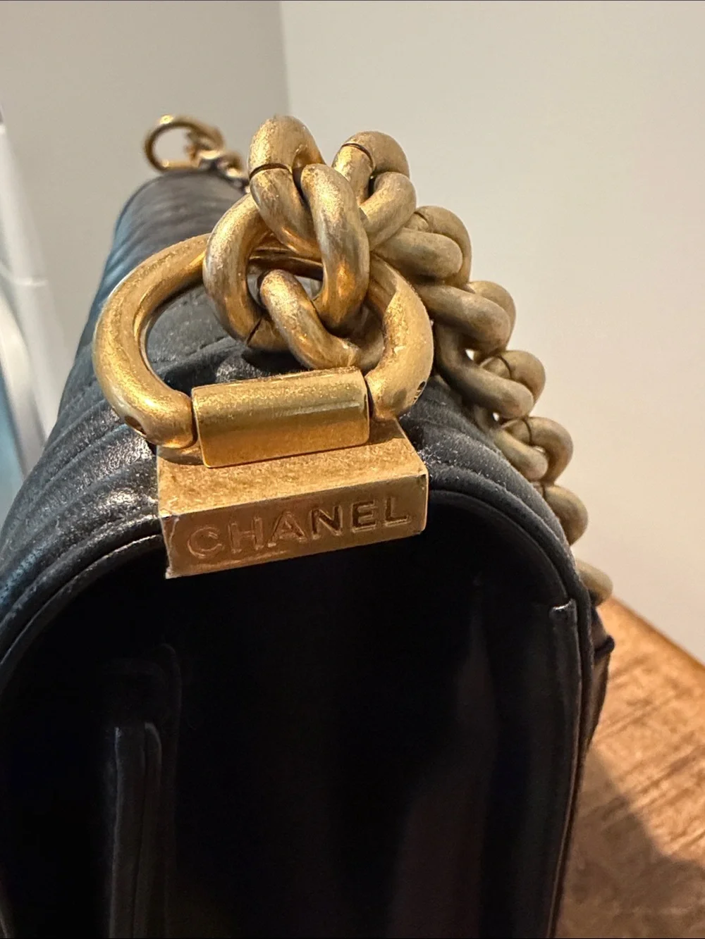 CHANEL Black Quilted Boy Flap Bag with Gold Hardware